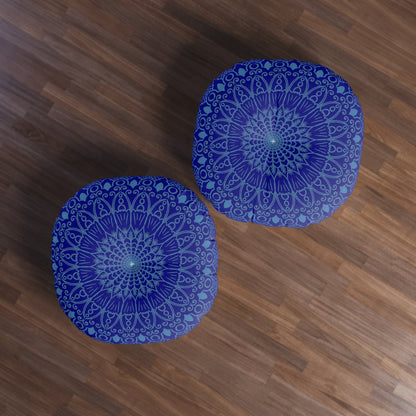 Floor Cushion Handmade Mandala Art - Steel Blue on Dark Blue background - Drawn by Hand - Tufted Floor Pillow, Round - Blululi