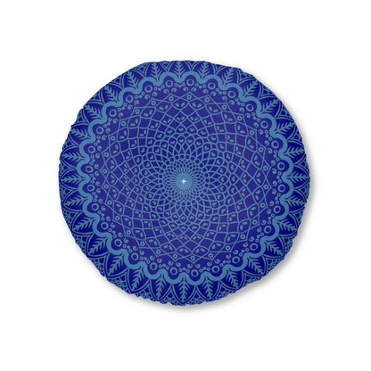 Floor Cushion Handmade Mandala Art - Steel Blue on Dark Blue background - Drawn by Hand - Tufted Floor Pillow, Round - Blululi