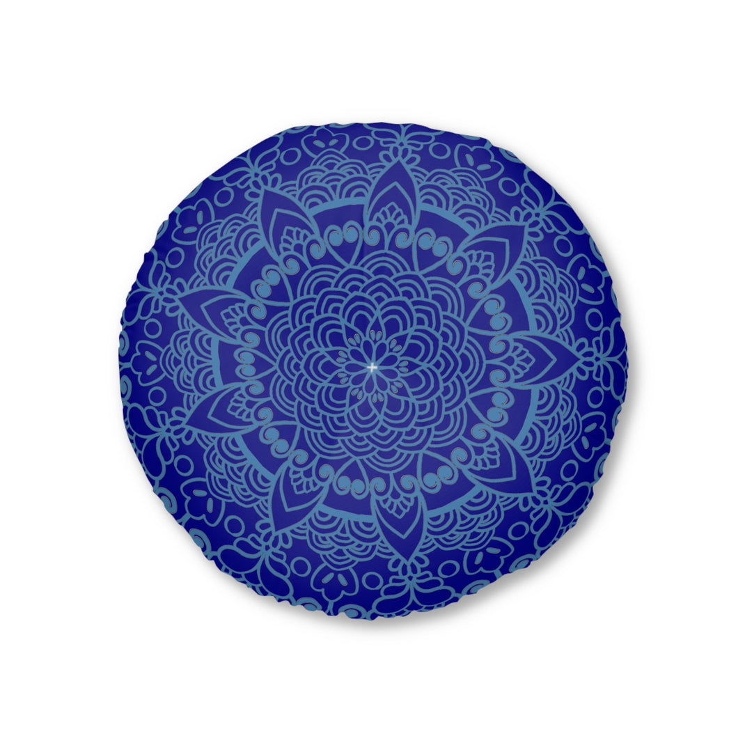 Floor Cushion Handmade Mandala Art - Steel Blue on Dark Blue background - Drawn by Hand - Tufted Floor Pillow, Round - Blululi