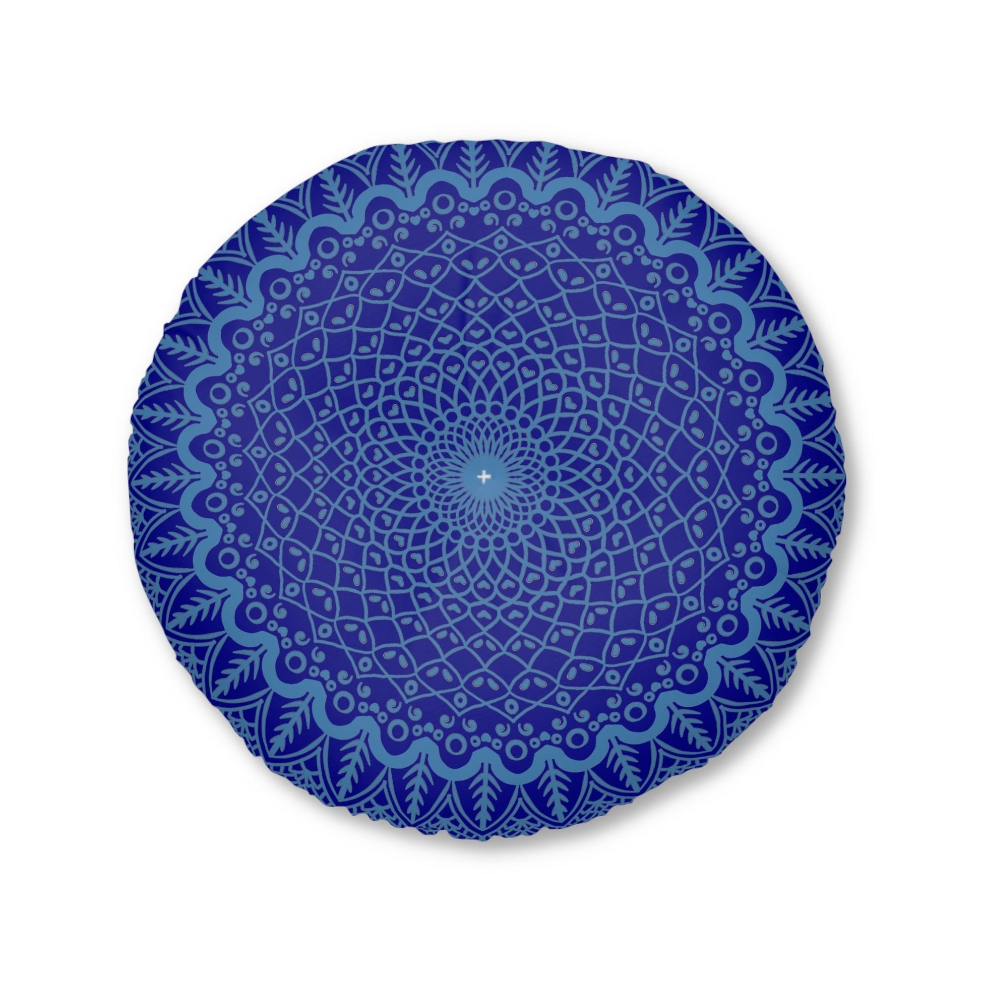 Floor Cushion Handmade Mandala Art - Steel Blue on Dark Blue background - Drawn by Hand - Tufted Floor Pillow, Round - Blululi