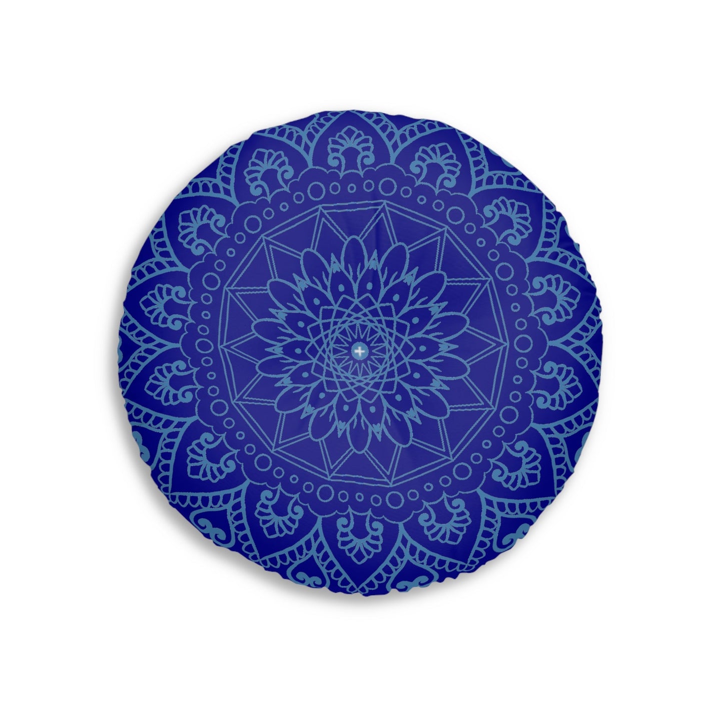 Floor Cushion Handmade Mandala Art - Steel Blue on Dark Blue background - Drawn by Hand - Tufted Floor Pillow, Round - Blululi