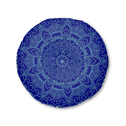 Floor Cushion Handmade Mandala Art - Steel Blue on Dark Blue background - Drawn by Hand - Tufted Floor Pillow, Round - Blululi