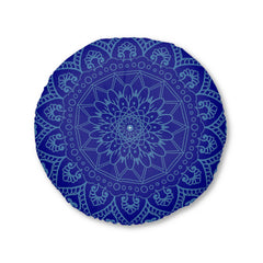 Floor Cushion Handmade Mandala Art - Steel Blue on Dark Blue background - Drawn by Hand - Tufted Floor Pillow, Round - Blululi