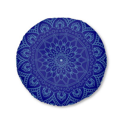 Floor Cushion Handmade Mandala Art - Steel Blue on Dark Blue background - Drawn by Hand - Tufted Floor Pillow, Round - Blululi