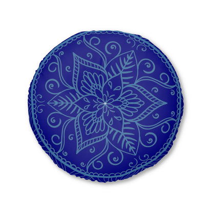 Floor Cushion Handmade Mandala Art - Steel Blue on Dark Blue background - Drawn by Hand - Tufted Floor Pillow, Round - Blululi