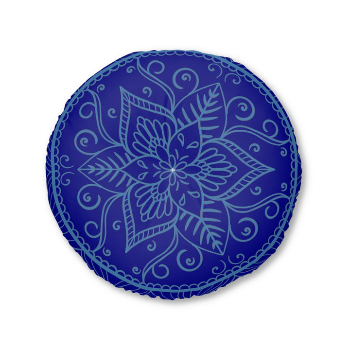 Floor Cushion Handmade Mandala Art - Steel Blue on Dark Blue background - Drawn by Hand - Tufted Floor Pillow, Round - Blululi