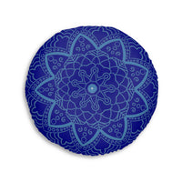 Floor Cushion Handmade Mandala Art - Steel Blue on Dark Blue background - Drawn by Hand - Tufted Floor Pillow, Round - Blululi