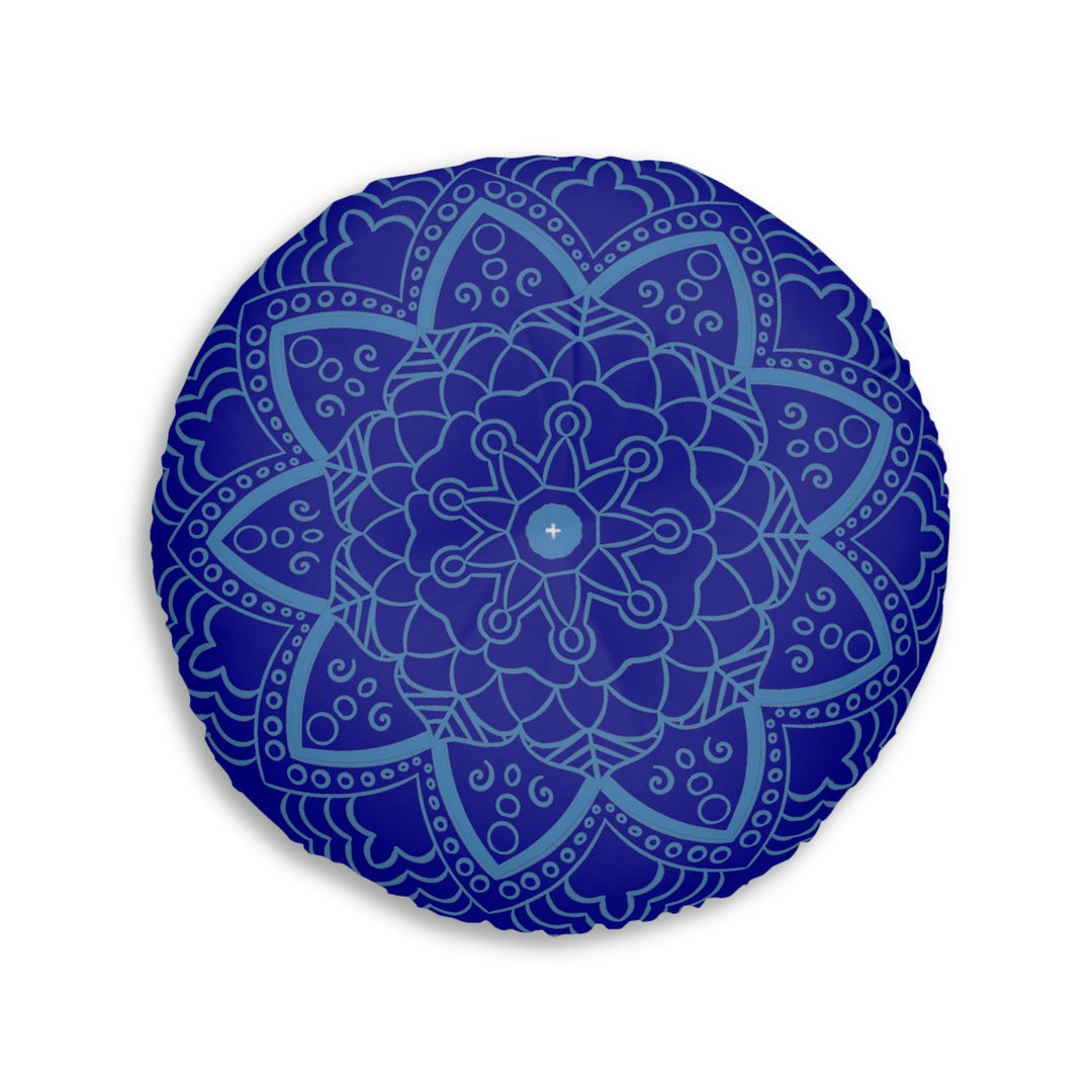 Floor Cushion Handmade Mandala Art - Steel Blue on Dark Blue background - Drawn by Hand - Tufted Floor Pillow, Round - Blululi