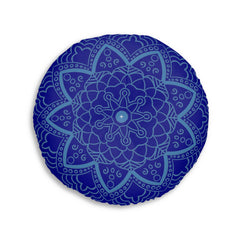 Floor Cushion Handmade Mandala Art - Steel Blue on Dark Blue background - Drawn by Hand - Tufted Floor Pillow, Round - Blululi