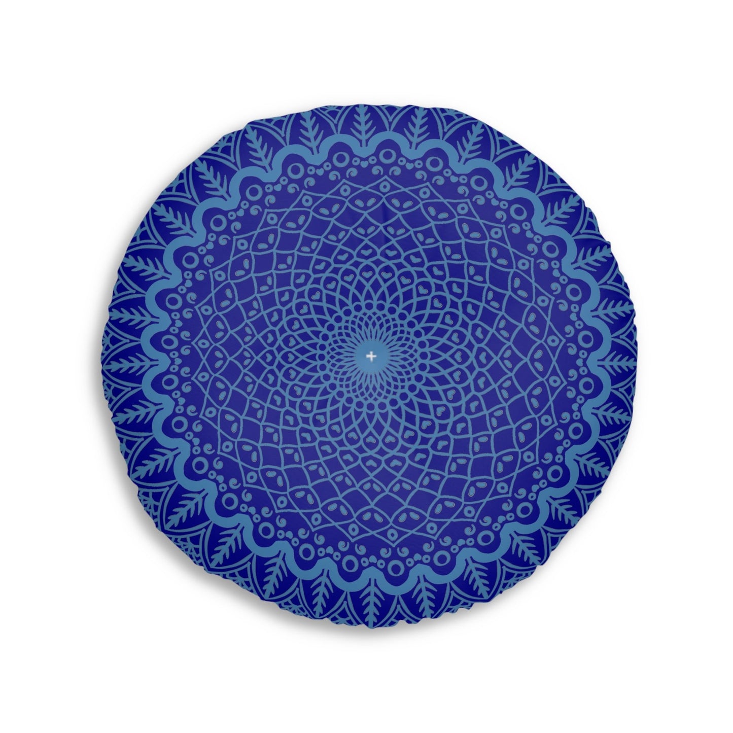 Floor Cushion Handmade Mandala Art - Steel Blue on Dark Blue background - Drawn by Hand - Tufted Floor Pillow, Round - Blululi