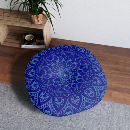 Floor Cushion Handmade Mandala Art - Steel Blue on Dark Blue background - Drawn by Hand - Tufted Floor Pillow, Round - Blululi