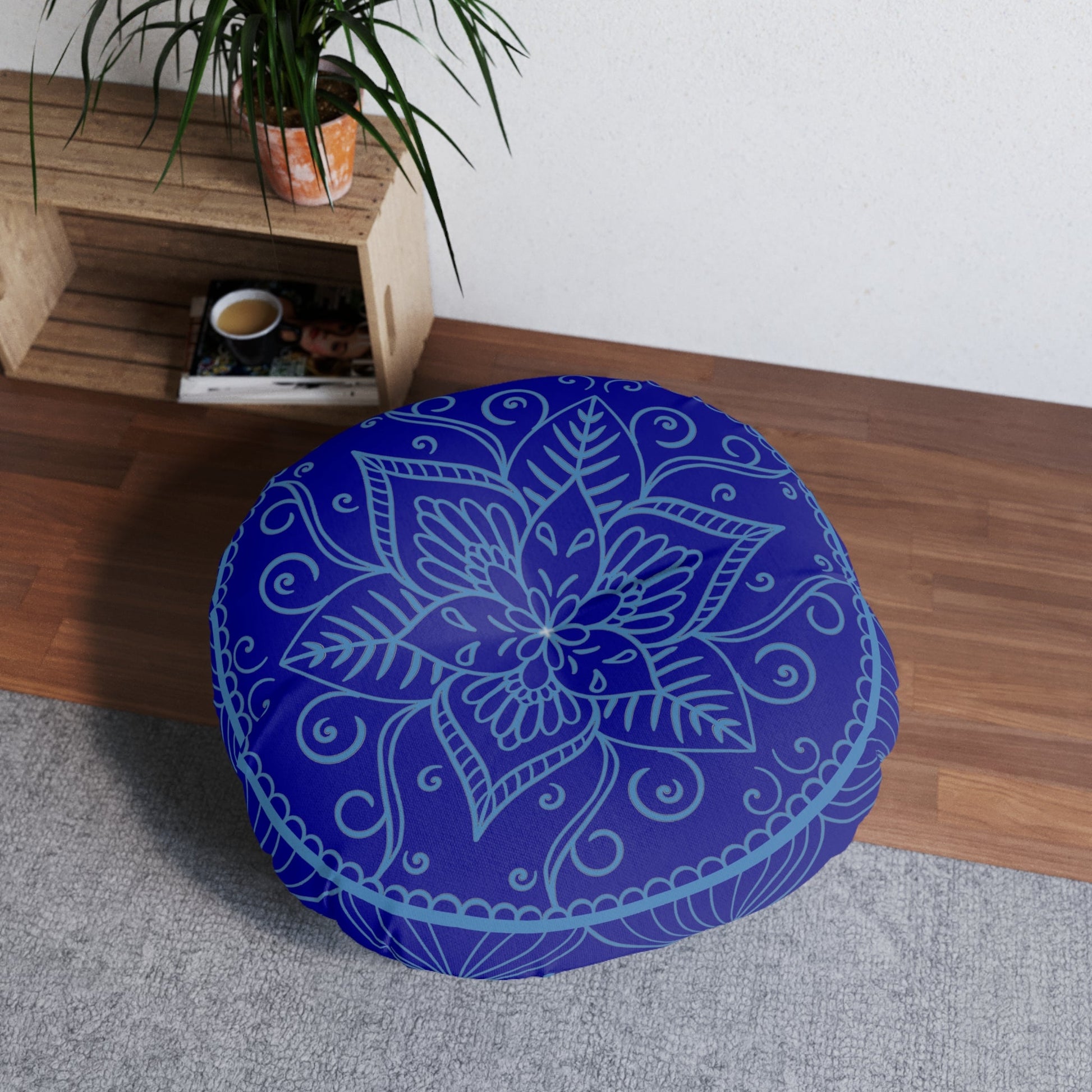 Floor Cushion Handmade Mandala Art - Steel Blue on Dark Blue background - Drawn by Hand - Tufted Floor Pillow, Round - Blululi