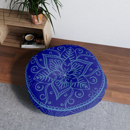 Floor Cushion Handmade Mandala Art - Steel Blue on Dark Blue background - Drawn by Hand - Tufted Floor Pillow, Round - Blululi