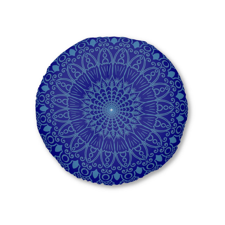 Floor Cushion Handmade Mandala Art - Steel Blue on Dark Blue background - Drawn by Hand - Tufted Floor Pillow, Round - Blululi