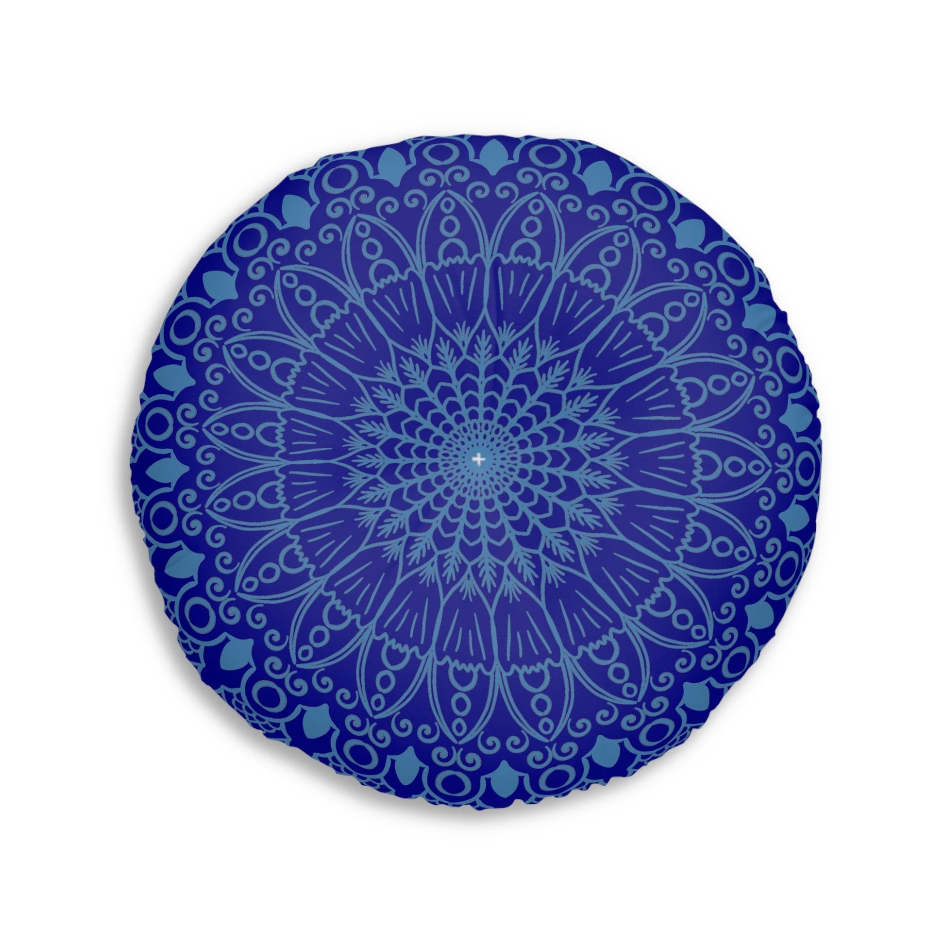 Floor Cushion Handmade Mandala Art - Steel Blue on Dark Blue background - Drawn by Hand - Tufted Floor Pillow, Round - Blululi