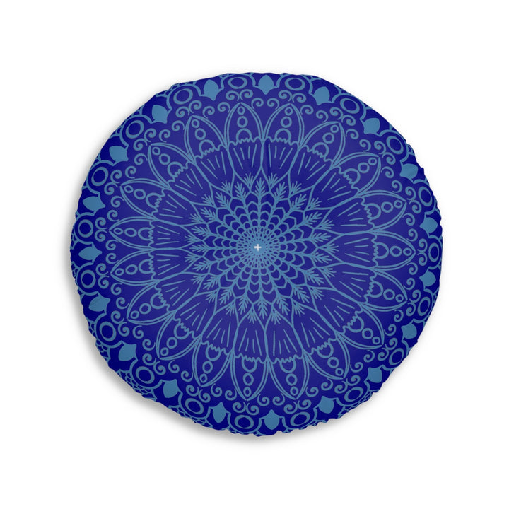 Floor Cushion Handmade Mandala Art - Steel Blue on Dark Blue background - Drawn by Hand - Tufted Floor Pillow, Round - Blululi