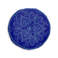Floor Cushion Handmade Mandala Art - Steel Blue on Dark Blue background - Drawn by Hand - Tufted Floor Pillow, Round - Blululi