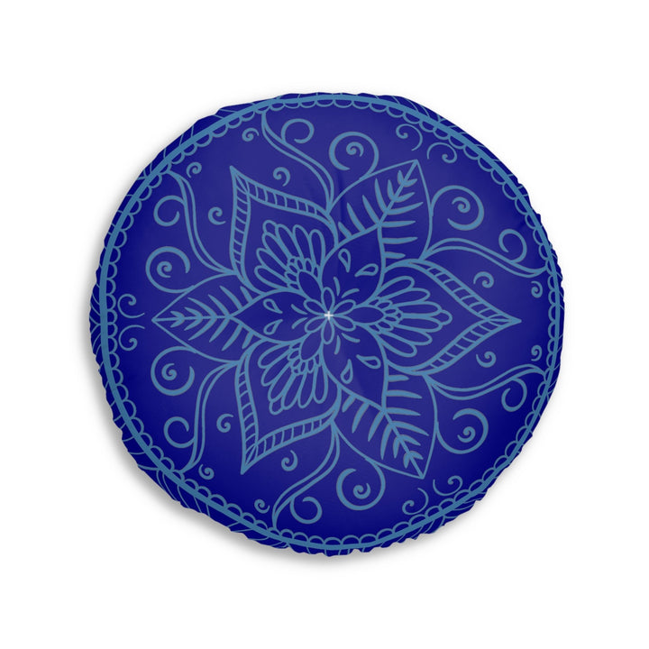 Floor Cushion Handmade Mandala Art - Steel Blue on Dark Blue background - Drawn by Hand - Tufted Floor Pillow, Round - Blululi