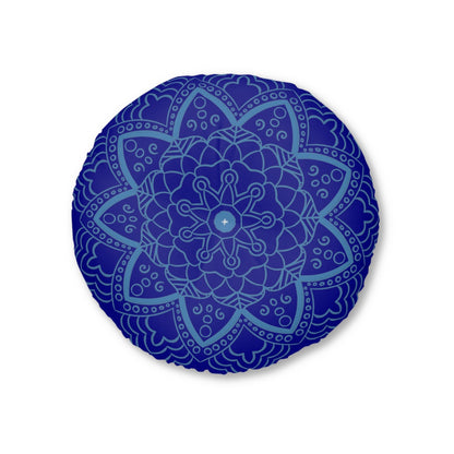 Floor Cushion Handmade Mandala Art - Steel Blue on Dark Blue background - Drawn by Hand - Tufted Floor Pillow, Round - Blululi