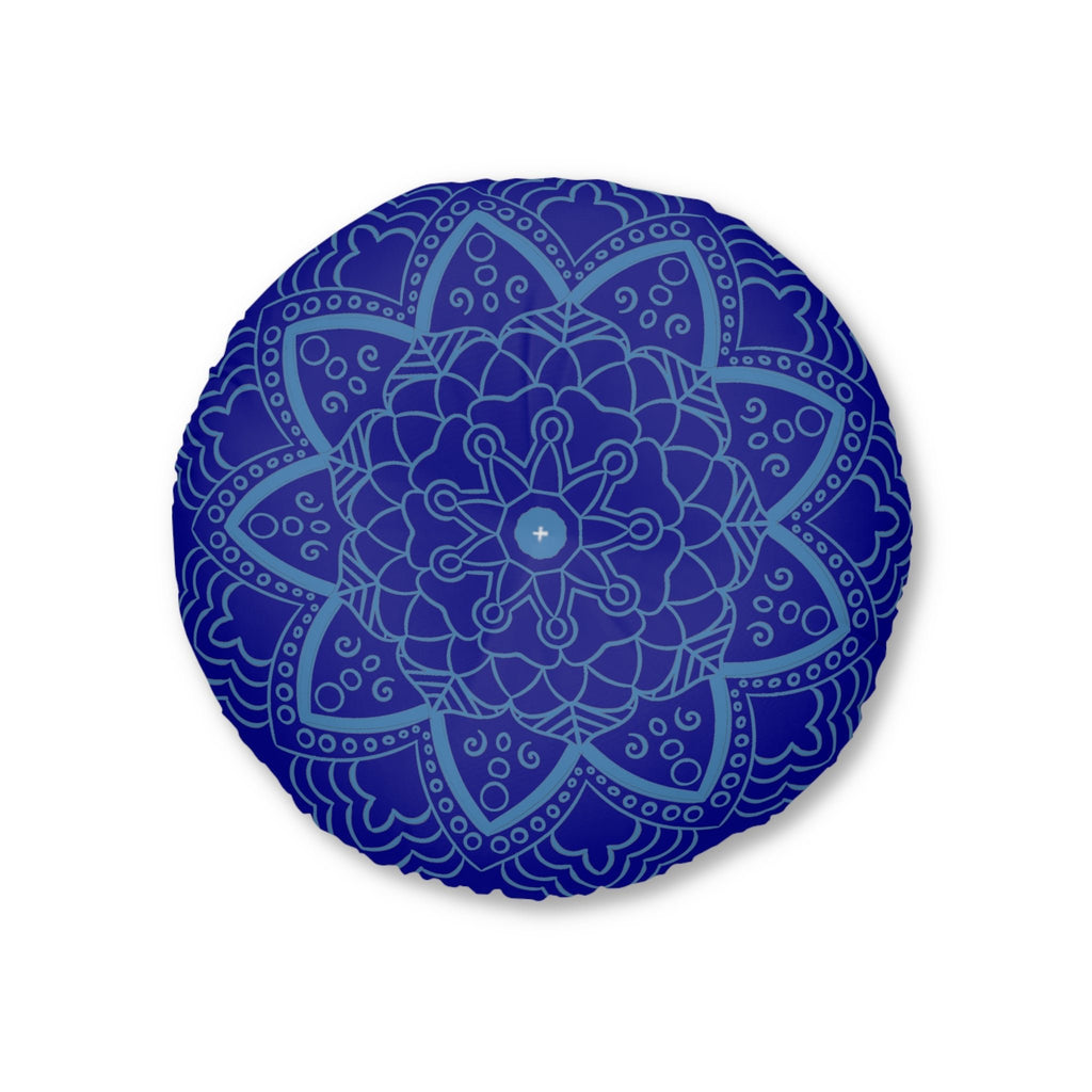 Floor Cushion Handmade Mandala Art - Steel Blue on Dark Blue background - Drawn by Hand - Tufted Floor Pillow, Round - Blululi