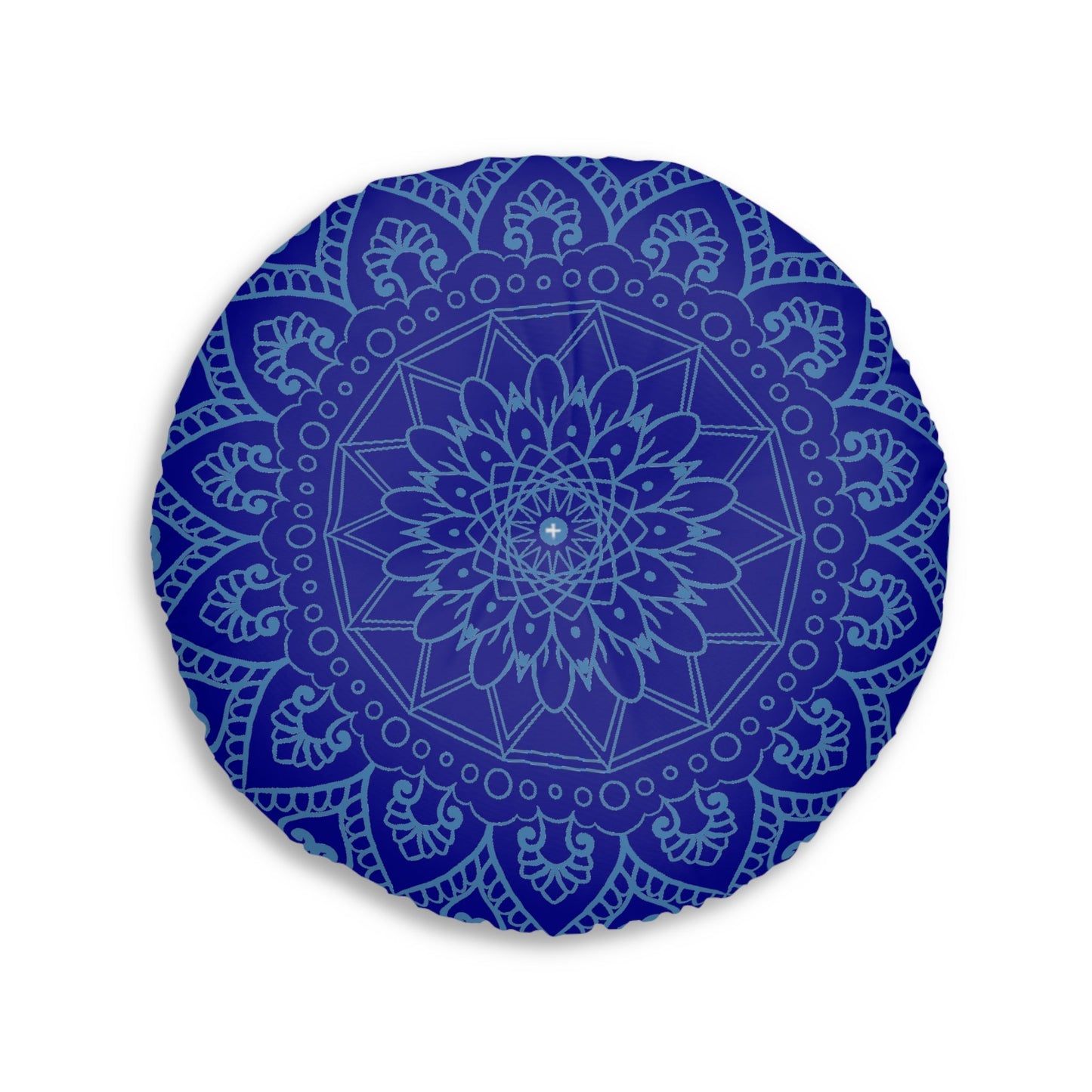 Floor Cushion Handmade Mandala Art - Steel Blue on Dark Blue background - Drawn by Hand - Tufted Floor Pillow, Round - Blululi