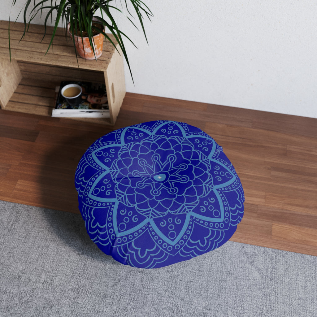 Floor Cushion Handmade Mandala Art - Steel Blue on Dark Blue background - Drawn by Hand - Tufted Floor Pillow, Round - Blululi