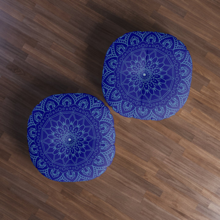 Floor Cushion Handmade Mandala Art - Steel Blue on Dark Blue background - Drawn by Hand - Tufted Floor Pillow, Round - Blululi