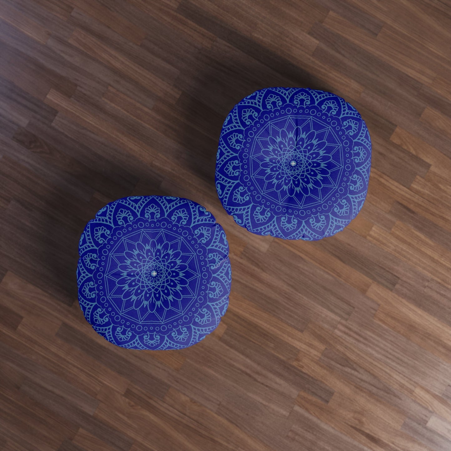 Floor Cushion Handmade Mandala Art - Steel Blue on Dark Blue background - Drawn by Hand - Tufted Floor Pillow, Round - Blululi