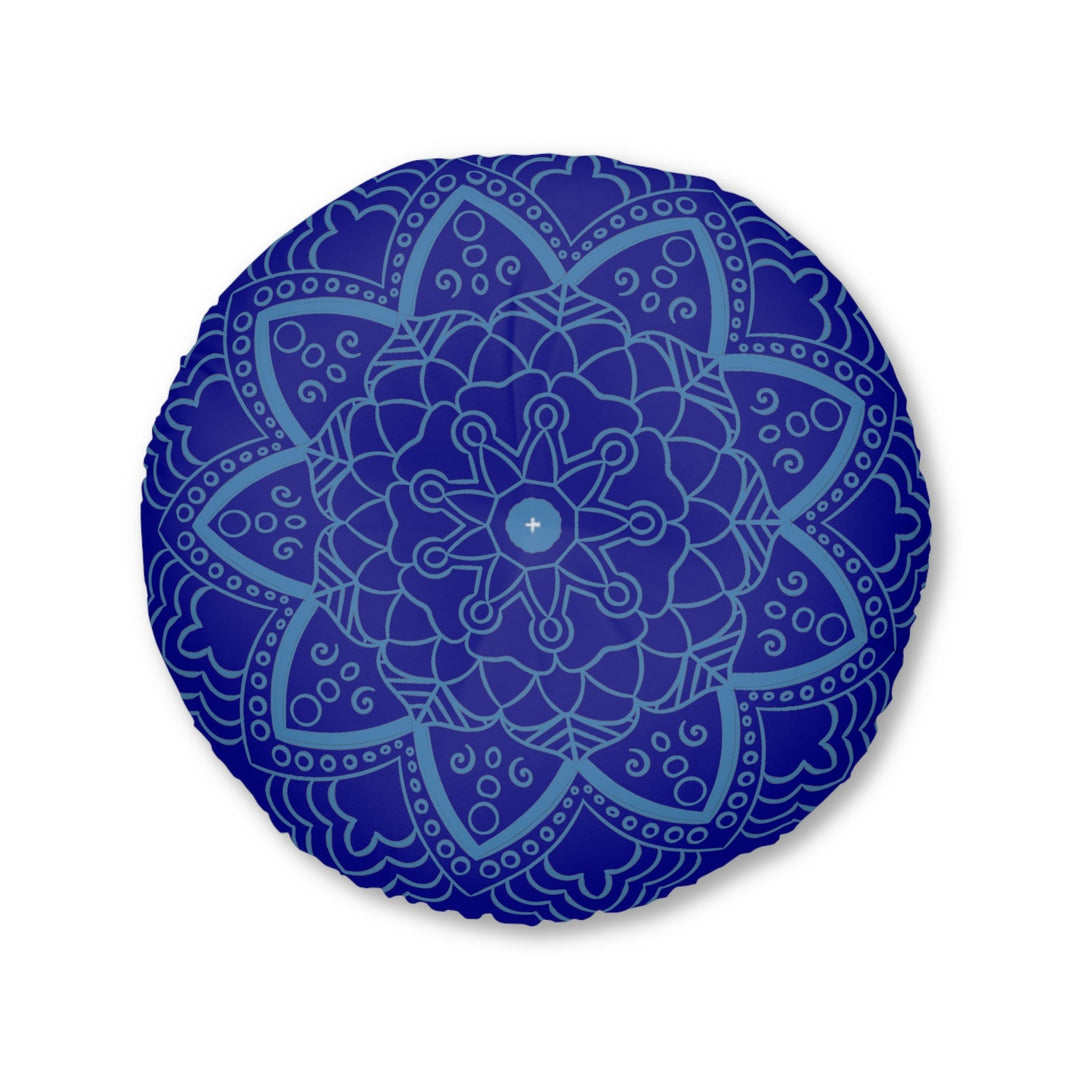 Floor Cushion Handmade Mandala Art - Steel Blue on Dark Blue background - Drawn by Hand - Tufted Floor Pillow, Round - Blululi