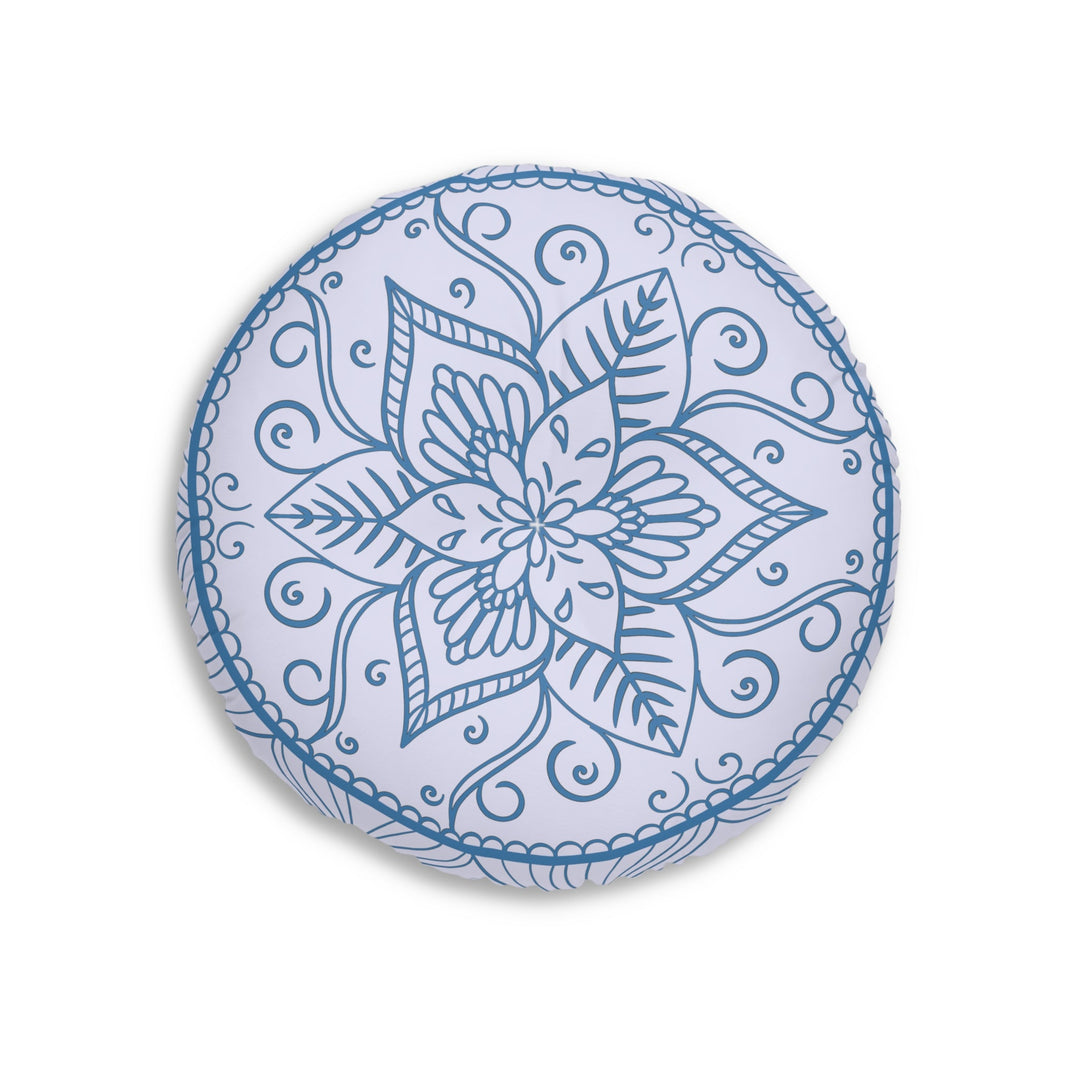 Floor Cushion Handmade Mandala Art - Steel Blue on Levander - Drawn by Hand - Tufted Floor Pillow, Round - Blululi