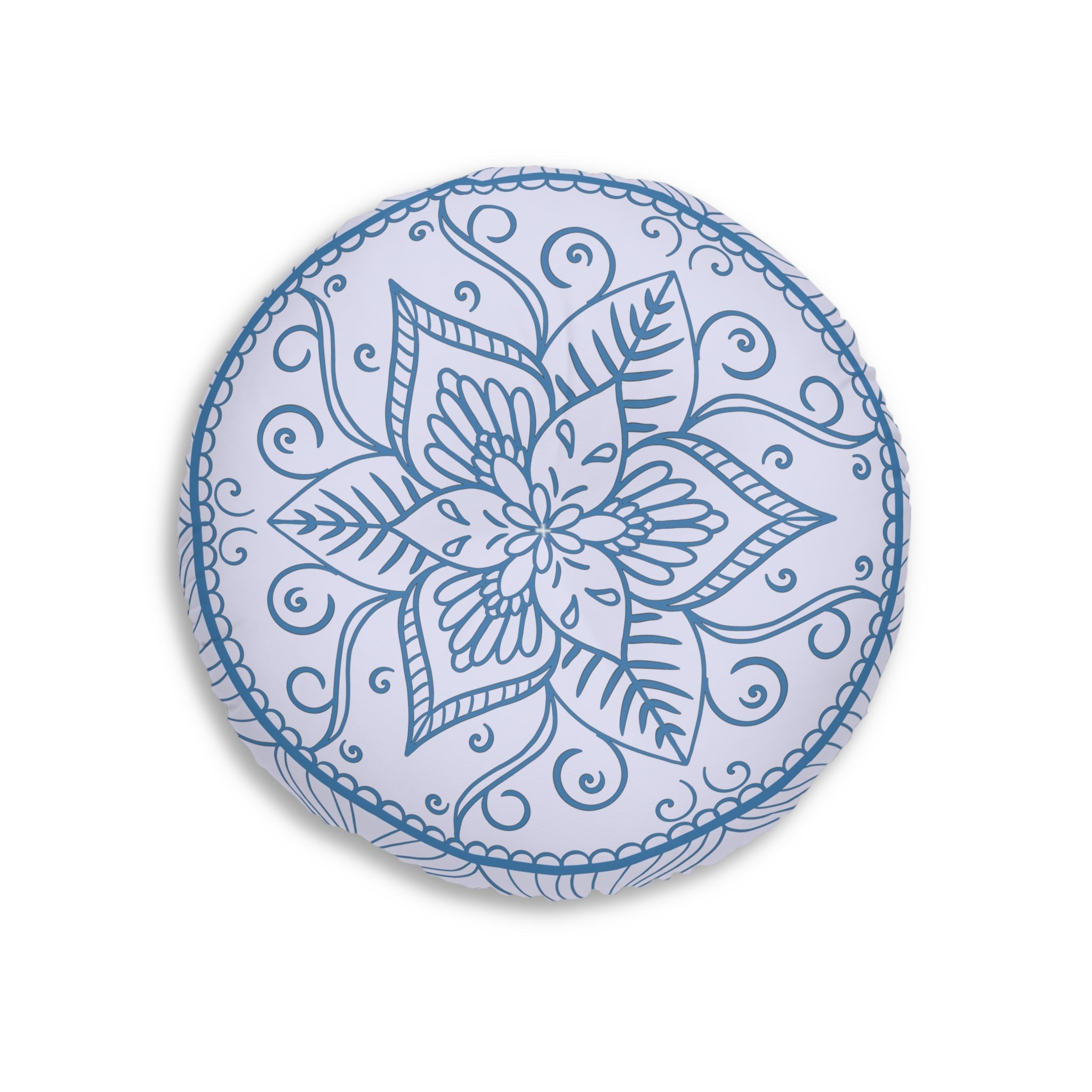 Floor Cushion Handmade Mandala Art - Steel Blue on Levander - Drawn by Hand - Tufted Floor Pillow, Round - Blululi