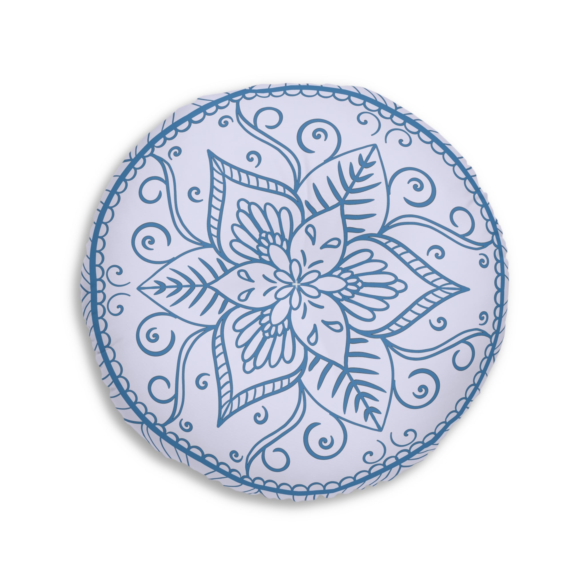 Floor Cushion Handmade Mandala Art - Steel Blue on Levander - Drawn by Hand - Tufted Floor Pillow, Round - Blululi