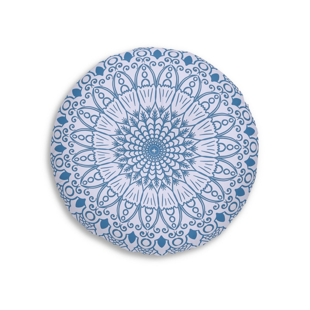 Floor Cushion Handmade Mandala Art - Steel Blue on Levander - Drawn by Hand - Tufted Floor Pillow, Round - Blululi