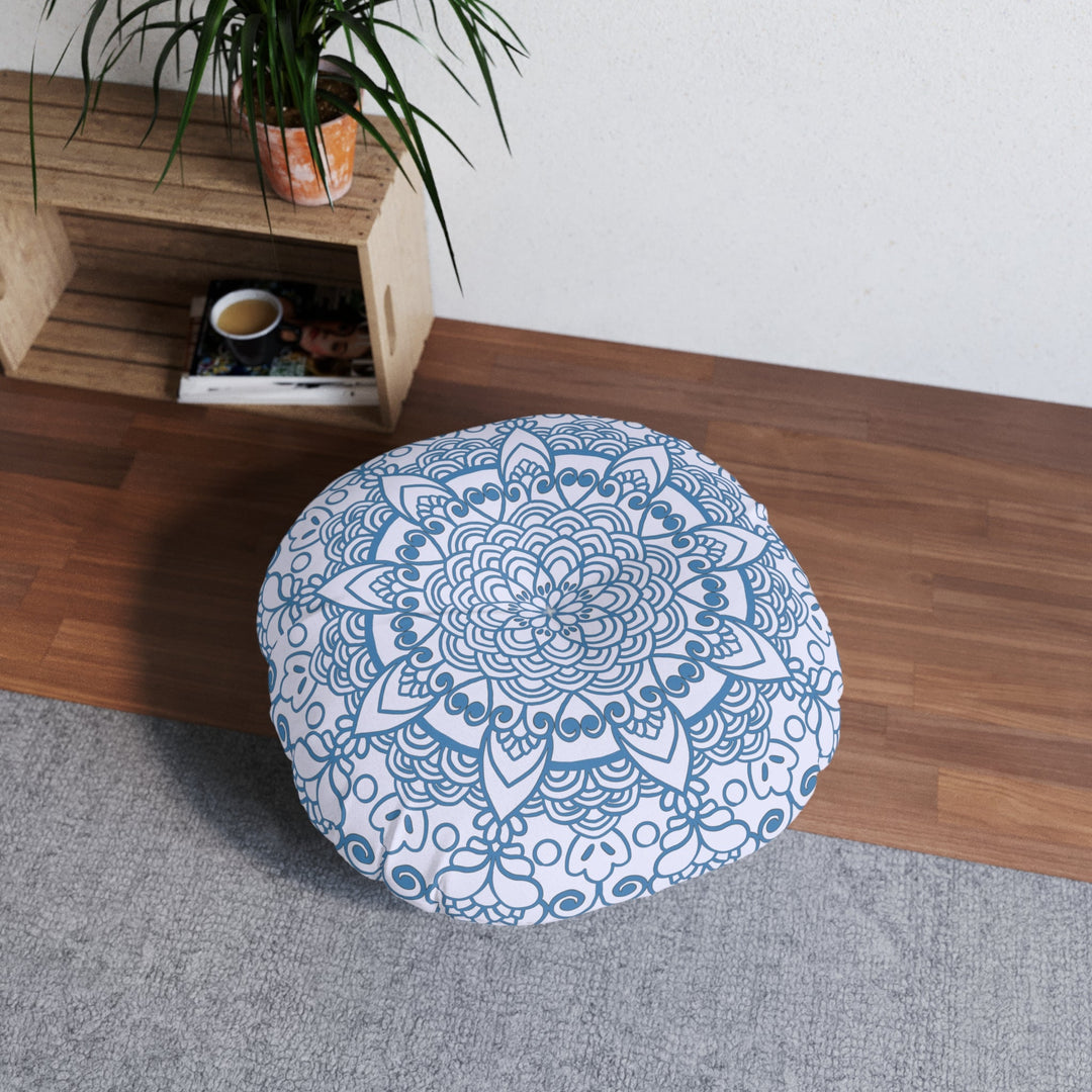 Floor Cushion Handmade Mandala Art - Steel Blue on Levander - Drawn by Hand - Tufted Floor Pillow, Round - Blululi