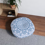 Floor Cushion Handmade Mandala Art - Steel Blue on Levander - Drawn by Hand - Tufted Floor Pillow, Round - Blululi