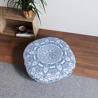 Floor Cushion Handmade Mandala Art - Steel Blue on Levander - Drawn by Hand - Tufted Floor Pillow, Round - Blululi