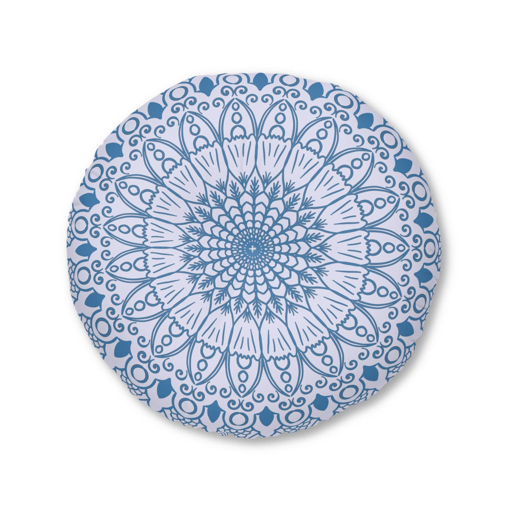 Floor Cushion Handmade Mandala Art - Steel Blue on Levander - Drawn by Hand - Tufted Floor Pillow, Round - Blululi