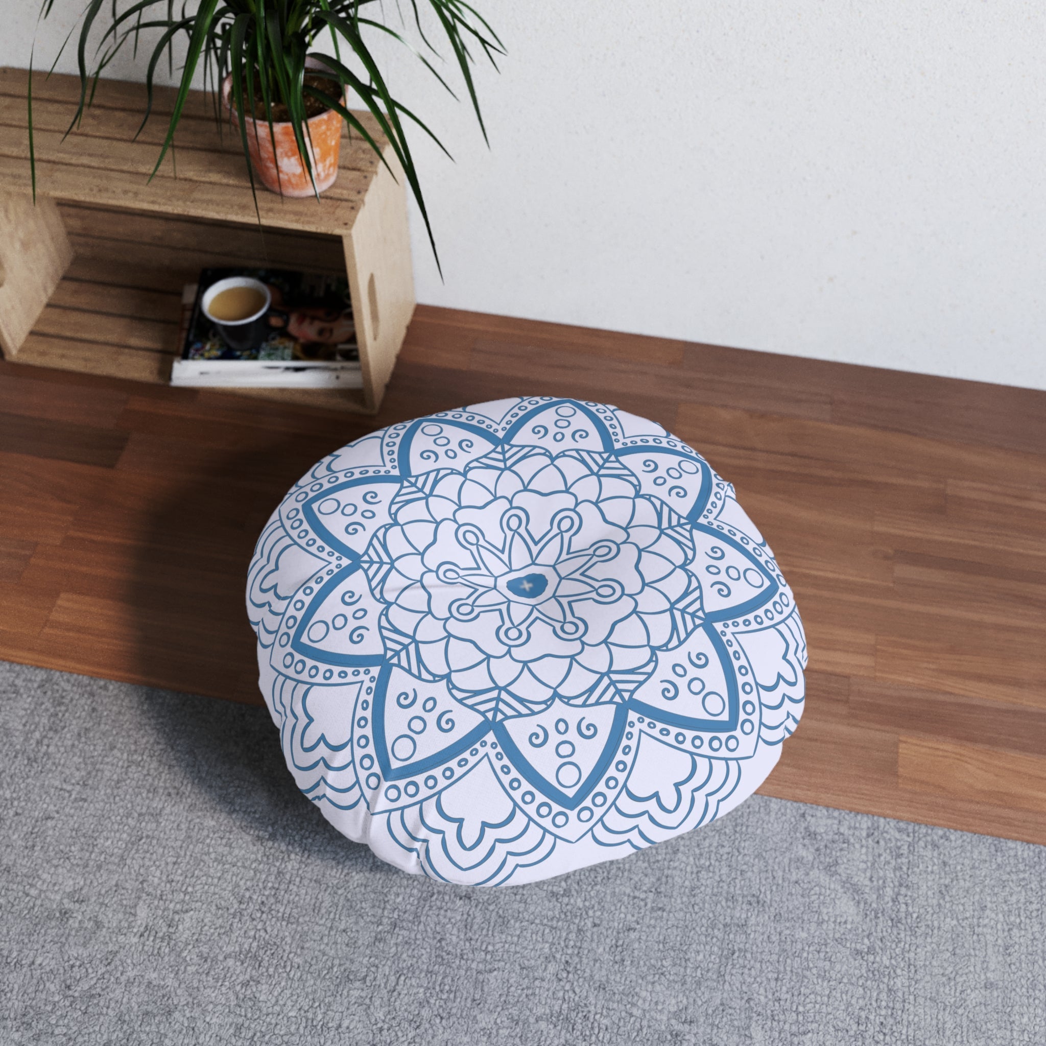 Floor Cushion Handmade Mandala Art - Steel Blue on Levander - Drawn by Hand - Tufted Floor Pillow, Round - Blululi