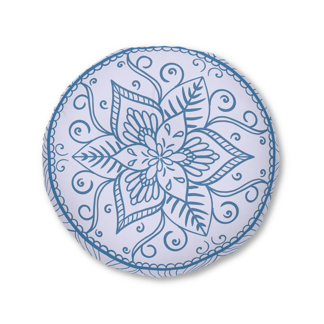 Floor Cushion Handmade Mandala Art - Steel Blue on Levander - Drawn by Hand - Tufted Floor Pillow, Round - Blululi