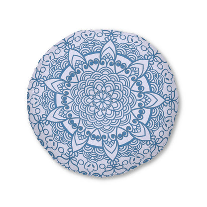 Floor Cushion Handmade Mandala Art - Steel Blue on Levander - Drawn by Hand - Tufted Floor Pillow, Round - Blululi