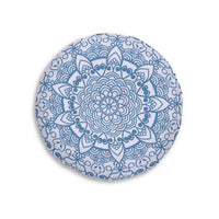 Floor Cushion Handmade Mandala Art - Steel Blue on Levander - Drawn by Hand - Tufted Floor Pillow, Round - Blululi