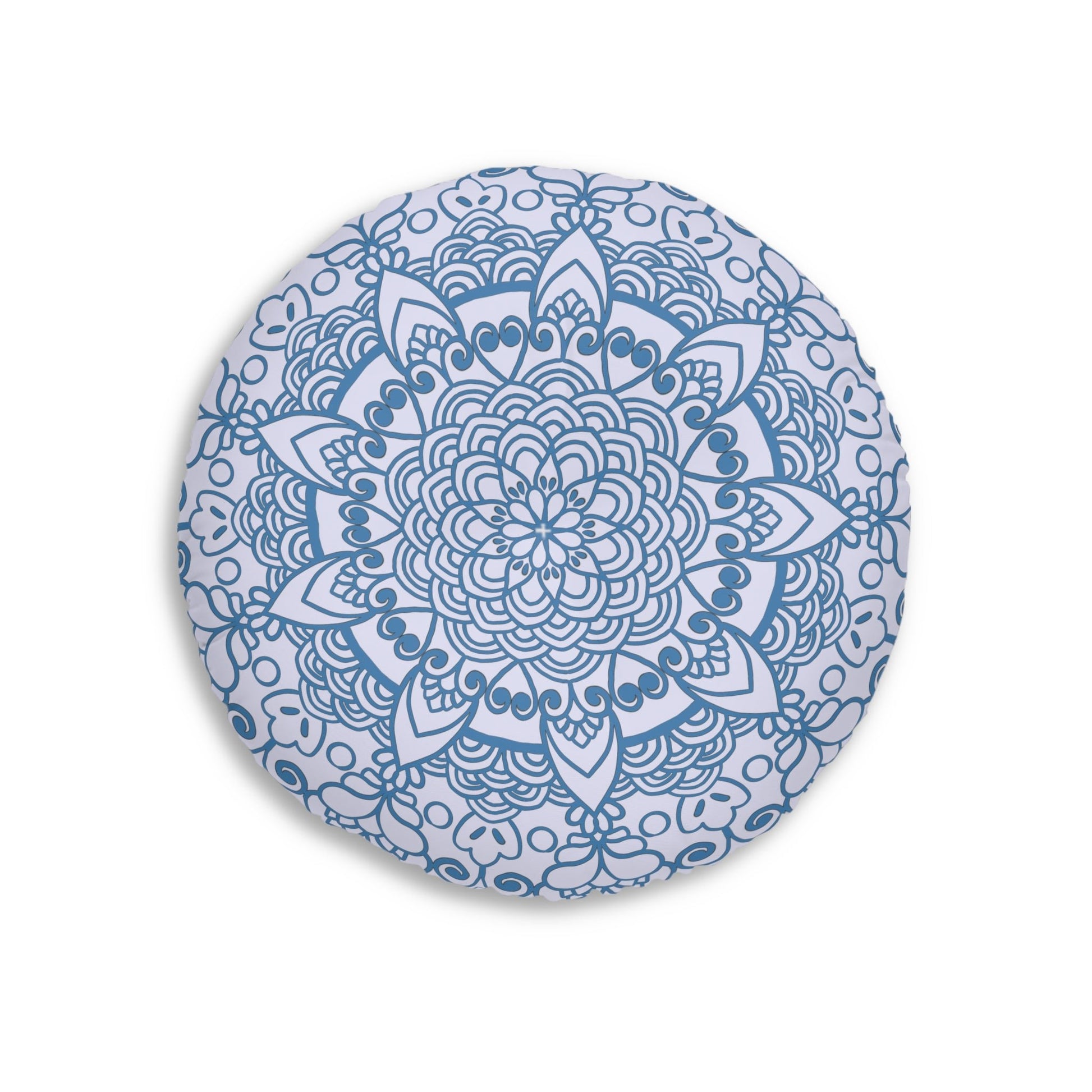 Floor Cushion Handmade Mandala Art - Steel Blue on Levander - Drawn by Hand - Tufted Floor Pillow, Round - Blululi