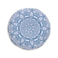 Floor Cushion Handmade Mandala Art - Steel Blue on Levander - Drawn by Hand - Tufted Floor Pillow, Round - Blululi