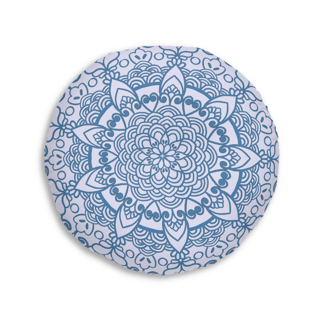 Floor Cushion Handmade Mandala Art - Steel Blue on Levander - Drawn by Hand - Tufted Floor Pillow, Round - Blululi