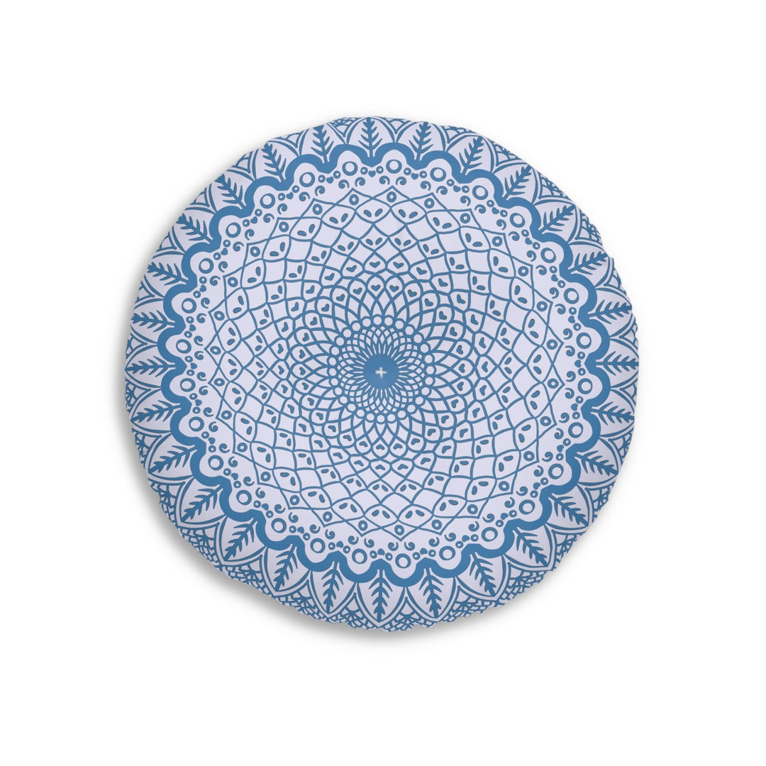 Floor Cushion Handmade Mandala Art - Steel Blue on Levander - Drawn by Hand - Tufted Floor Pillow, Round - Blululi