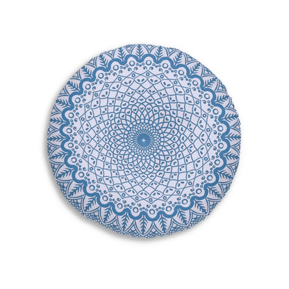 Floor Cushion Handmade Mandala Art - Steel Blue on Levander - Drawn by Hand - Tufted Floor Pillow, Round - Blululi