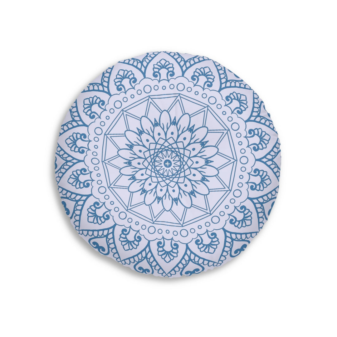 Floor Cushion Handmade Mandala Art - Steel Blue on Levander - Drawn by Hand - Tufted Floor Pillow, Round - Blululi