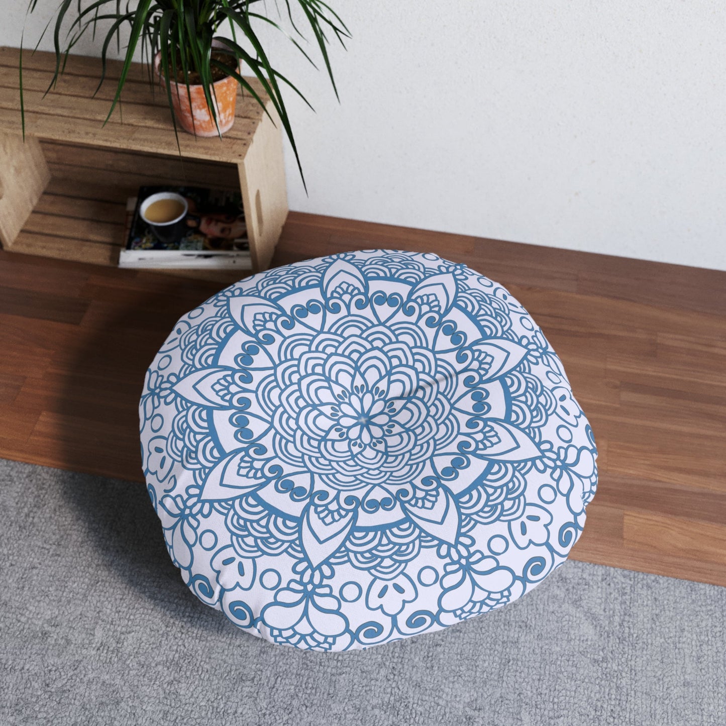 Floor Cushion Handmade Mandala Art - Steel Blue on Levander - Drawn by Hand - Tufted Floor Pillow, Round - Blululi