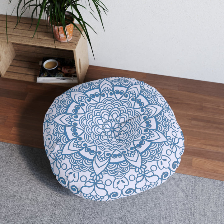 Floor Cushion Handmade Mandala Art - Steel Blue on Levander - Drawn by Hand - Tufted Floor Pillow, Round - Blululi