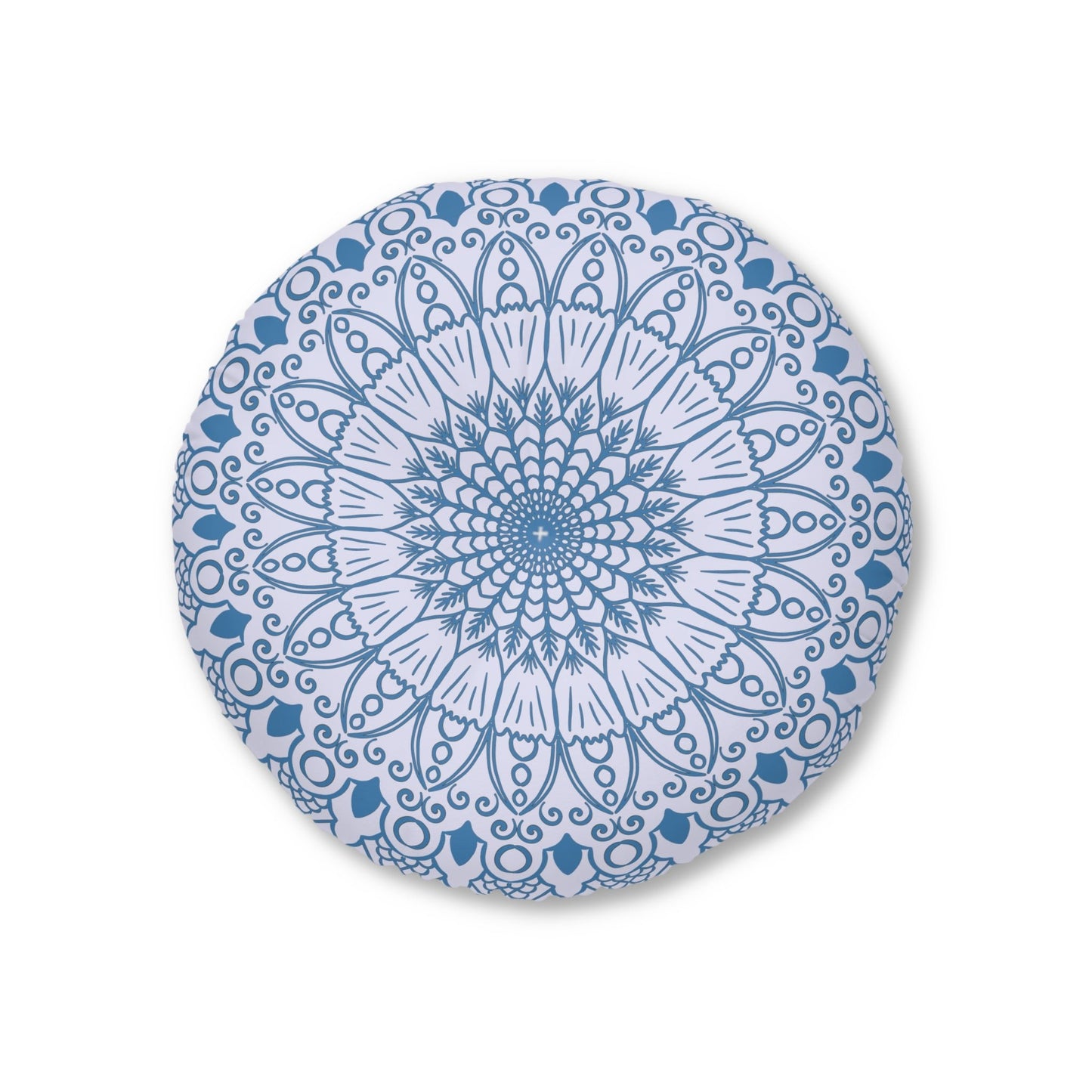 Floor Cushion Handmade Mandala Art - Steel Blue on Levander - Drawn by Hand - Tufted Floor Pillow, Round - Blululi